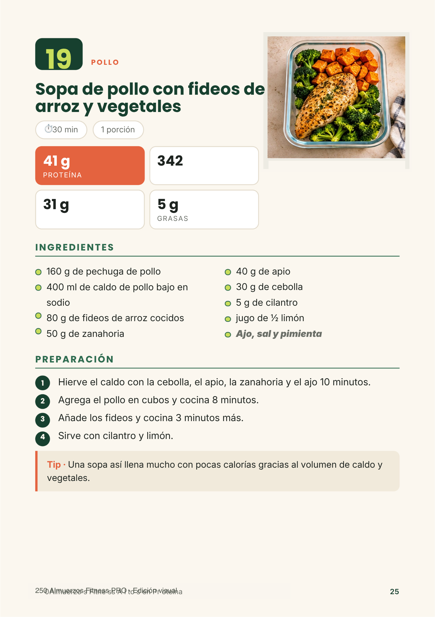 Página de sopa de pollo con fideos de arroz y vegetales