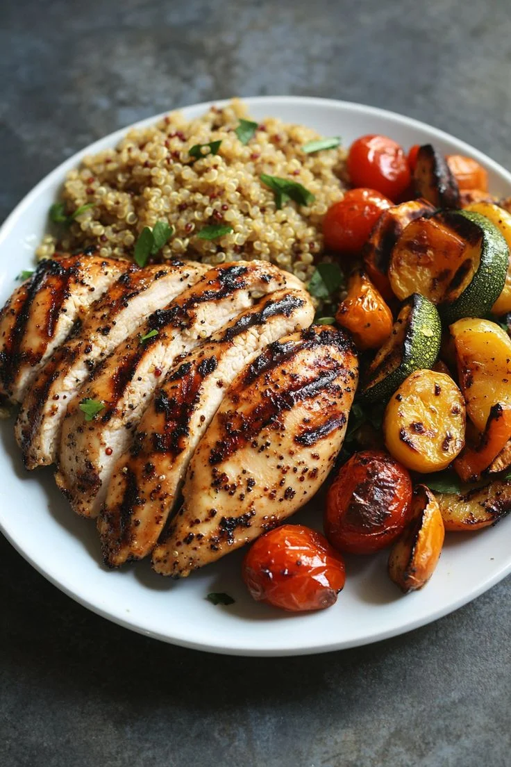 Pollo a la parrilla con quinoa y verduras
