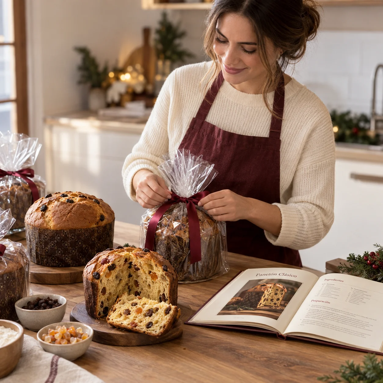 Emprendedora empacando un panetón artesanal junto a su recetario