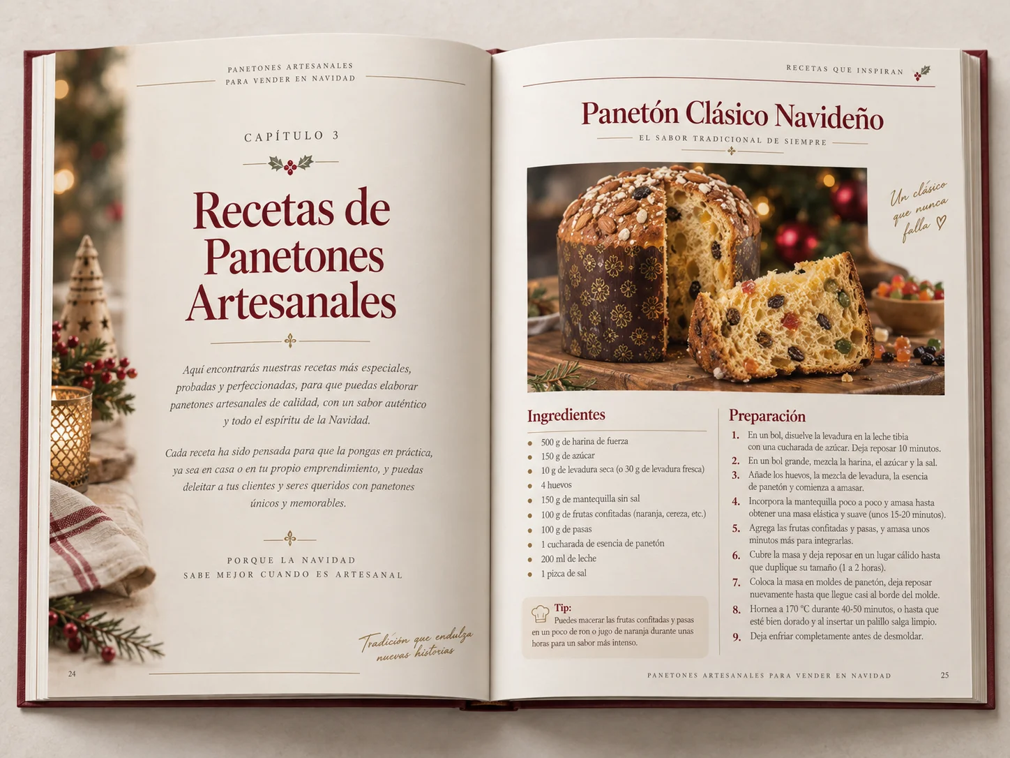 Recetario abierto de Panetones Artesanales con una receta, ingredientes y preparación paso a paso