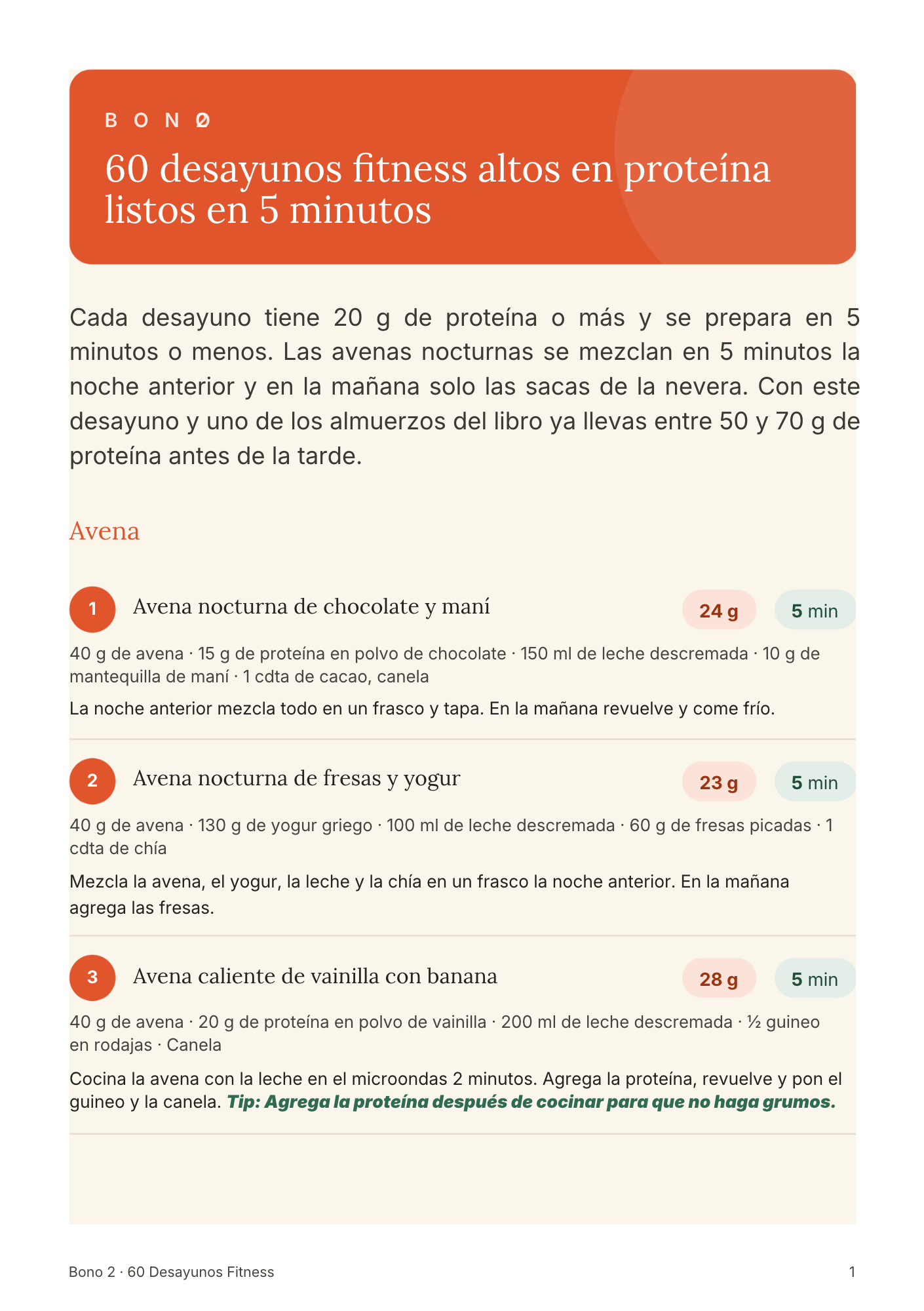 Página de desayunos fitness con avena